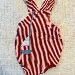 The Beaufort Bonnet Company - Red and White Striped Romper with Blue Sail Boat